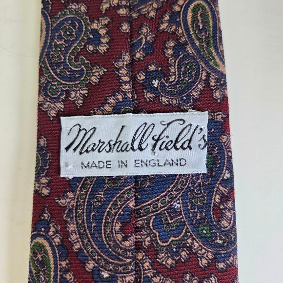 Marshall Field’s Made in England Wool Paisley Tie Burgundy Green Blue 3.25” Wide - Picture 4 of 10